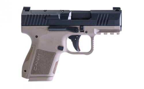 CANIK METE MC9, Semi-automatic, Striker Fired, Poylmer Frame Pistol, Micro Compact, 9MM, 3.18 Barrel, Matte Finish, Black Slide, Flat Dark Earth Frame, Optic Ready, 2 Magazines, (1)-12 Round, (1)-15 Round, Includes 3 Grip Back Straps, Magazine Loader, Custome Holster, Canik Punch and Tool Kit, Cleaning Brush and Jag, Hard Case HG7620BD-N