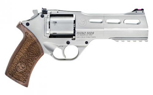 Chiappa Firearms Rhino 50DS Revolver, Double Action/Single Action, 357 Magnum/38 Special, 5 Barrel, Alloy, Nickel Finish, Walnut Grips, Fiber Optic Front Sight, Adjustable Rear Sight, 6 Rounds, 3 Moon Clips 340.223