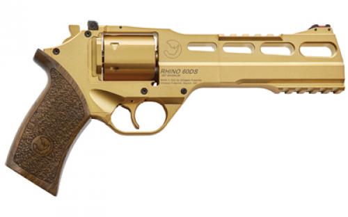 Chiappa Firearms Rhino 60DS, Revolver, Double/Single Action, 357 Magnum/38 Special, 6 Barrel, Alloy Frame, Walnut Grips, 6Rd, Gold Finish, 3 Moon Clips, Adjustable Rear Sight and Fiber Optic Front 340.225