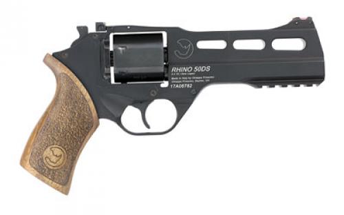 Chiappa Firearms Rhino 50DS Revolver, Double Action/Single Action, 9MM, 5" Barrel, Alloy, Black, Walnut Grips, Fiber Optic Front Sight, Adjustable Rear Sight, 6 Rounds, 3 Moon Clips 340.245