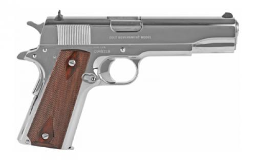 Colt's Manufacturing Government, 1911, Semi-automatic, Metal Frame Pistol, Full Size, 45ACP, 5" Barrel, Steel, Bright Stainless Finish, White Dot Sights, 7 Rounds, 1 Magazine O1070BSTS