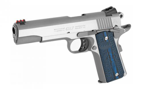 Colt's Manufacturing Competition SS, Semi-automatic, Metal Frame Pistol, Full Size, 45ACP, 5" Barrel, Steel, Stainless Finish, G10 Checkered Blue Grips, Novak Red Fiber Optic Front Sight, Novak Adjustable Rear Sight, 8 Rounds, 1 Magazine, Series 70 Firing System O1070CCS