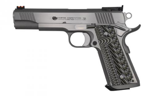 Colt's Manufacturing Custom Competition, Semi-automatic, Metal Frame Pistol, Full Size, 38 Super, 5 National Match Barrel, Steel, Stainless Finish, Novak Adjustable Sights, 9 Rounds O1073CS