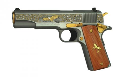 Colt's Manufacturing 1911C, TALO, Semi-automatic, 1911, Full Size, 45 APC, 5, 7Rd, Steel, Limited Edition, One Of 500, Spirit Of America Edition, Bright Brushed Finished And 24kt Gold Plated Barrel Bushing, Slide Stop, Magazine Catch, Thumb Safety, Hammer And Grips Screws, Cherry Wood Grips, Bald Eagle Scene On Left Side, Mount Rushmore Scene On Right Side, 24kt Gold And Pure Sil