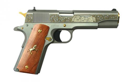 Colt's Manufacturing 1911C, TALO, Semi-automatic, 1911, Full Size, 45 APC, 5", 7Rd, Steel, Limited Edition, One Of 500, Spirit Of America Edition, Bright Brushed Finished And 24kt Gold Plated Barrel Bushing, Slide Stop, Magazine Catch, Thumb Safety, Hammer And Grips Screws, Cherry Wood Grips, Bald Eagle Scene On Left Side, Mount Rushmore Scene On Right Side, 24kt Gold And Pure Sil