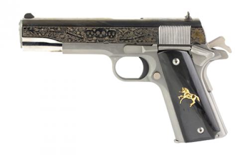 Colt's Manufacturing Government Model, Day Of The Dead, 1911 Classic, Semi-automatic, Metal Frame Pistol, Full Size, 38 Super, 5 Barrel, Steel, Stainless Finish, 9 Rounds, 1 Magazine, High Polished, Deep Engraved Slide With Black Background, Gold Plated Logo/Pony, Black Pearlite Grips With Silver Rampant Colt, Silver Hex Screws, 1 Of 500 O1911C-SS38-DOD