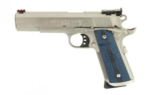 Colt's Manufacturing Gold Cup Trophy, 1911, Semi-automatic, Metal Frame Pistol, Full Size, 45ACP, 5 Barrel, Steel, Stainless Finish, G10 Checkered Blue Grips with Scallop, Fiber Optic Front, Bomar Style Rear Sights, 8 Rounds, 1 Magazine O5070XE