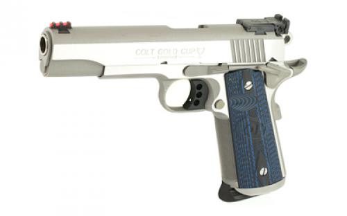 Colt's Manufacturing Gold Cup Trophy, 1911, Semi-automatic, Metal Frame Pistol, Full Size, 45ACP, 5" Barrel, Steel, Stainless Finish, G10 Checkered Blue Grips with Scallop, Fiber Optic Front, Bomar Style Rear Sights, 8 Rounds, 1 Magazine O5070XE