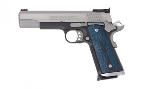 Colt's Manufacturing Gold Cup Trophy, Series 70, 1911, Semi-automatic, Full Size, 45 ACP, 5 Barrel, Stainless Steel Slide, Blued Finish Frame, G10 Grips, Fiber Optic Front & Adjustable Rear Sights, Extended Magwell, Right Hand, 8 Rounds, 1 Magazine O5970XE-TT