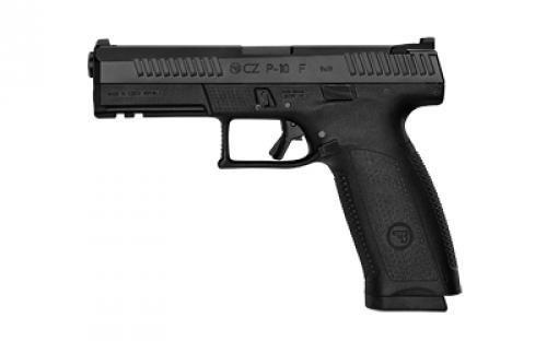 CZ P-10 F, Striker Fired, Semi-automatic, Polymer Frame Pistol, Full Size, 9MM, 4.5 Barrel, Nitride Slide Finish, Black, 3 Interchangeable Backstraps, Fixed Sights, Optic Ready, Integrated Trigger Safety, 10 Rounds, 2 Magazine, Reversible Magazine Catch 01550