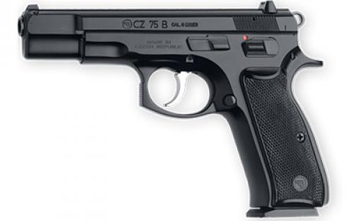 CZ 75 B, Double Action/Single Action, Semi-automatic, Metal Frame Pistol, Full Size, 9MM, 4.6 Cold Hammer Forged Barrel, Steel, Black, Plastic Grips, Fixed Sights, 16 Rounds, 2 Magazines 91102