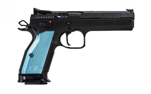 CZ 75 Tactical Sport 2, Single Action Only, Semi-automatic, Metal Frame Pistol, Full Size, 40 S&W, 5.23 Barrel, Steel, Polycoat Finish, Black, Blue Aluminum Grips, Fiber Optic Front/Fixed Rear, Ambidextrous Manual Safety, 17 Rounds, 2 Magazines 91222