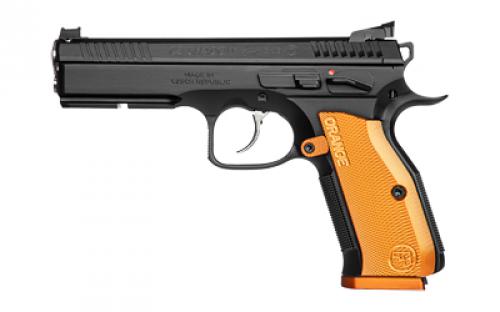 CZ Shadow 2, Double Action/Single Action, Semi-automatic, Metal Frame Pistol, Full Size, 9MM, 4.89 Barrel, Steel, Black, Orange Aluminum Checkered Grips, Adjustable Rear Sight & Fiber Optic Front Sight, Ambidextrous Safety, 17 Rounds, 2 Magazines 91249