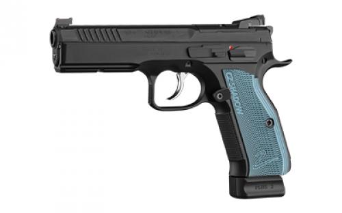 CZ Shadow 2, Double Action/Single Action, Semi-automatic, Metal Frame Pistol, Full Size, 9MM, 4.89 Barrel, Steel, Black, Blue Aluminum Grips, Fiber Optic Front and Black Serrated Adjustable Rear Sight, Ambidextrous Safety, 19 Rounds, 2 Magazines, Optic Ready 91251