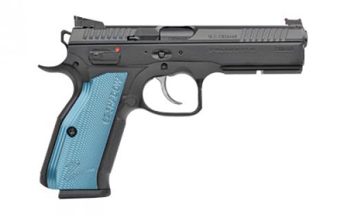 CZ Shadow 2, Double Action/Single Action, Semi-automatic, Metal Frame Pistol, Full Size, 9MM, 4.89" Barrel, Steel, Black, Blue Aluminum Grips, Fiber Optic Front and Black Serrated Adjustable Rear Sight, Ambidextrous Safety, 19 Rounds, 2 Magazines, Optic Ready 91251