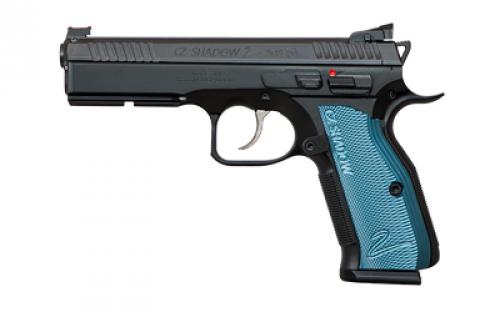 CZ Shadow 2, Double Action/Single Action, Semi-automatic, Metal Frame Pistol, Full Size, 9MM, 4.89 Barrel, Steel, Black, Aluminum Blue Grips, Adjustable Sights, Ambidextrous Safety, 17 Rounds, 2 Magazines 91257