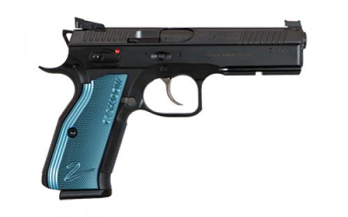 CZ Shadow 2, Double Action/Single Action, Semi-automatic, Metal Frame Pistol, Full Size, 9MM, 4.89" Barrel, Steel, Black, Aluminum Blue Grips, Adjustable Sights, Ambidextrous Safety, 17 Rounds, 2 Magazines 91257