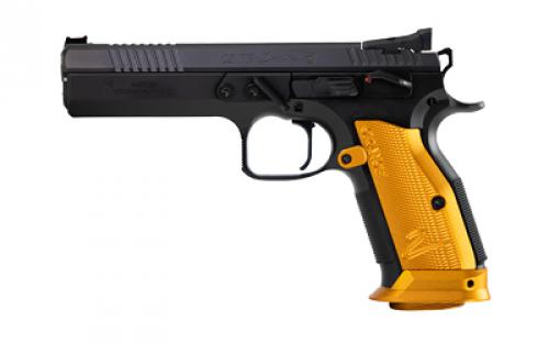 CZ 75 Tactical Sport 2 Orange, Single Action Only, Semi-automatic, Metal Frame Pistol, Full Size, 40 S&W, 5.2 Barrel, Steel, Polycoat Finish, Black, Orange Aluminum Grips, Fiber Optic Front/Fixed Rear, Ambidextrous Manual Safety, 17 Rounds, 2 Magazines 91265