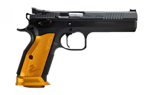 CZ 75 Tactical Sport 2 Orange, Single Action Only, Semi-automatic, Metal Frame Pistol, Full Size, 9mm, 5.2" Barrel,  Steel, Polycoat Finish, Black, Orange Aluminum Grips, Fiber Optic Front/Fixed Rear, Ambidextrous Manual Safety, 17 Rounds, 2 Magazines 91266