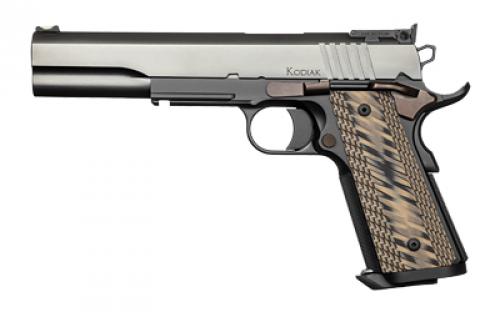 Dan Wesson Kodiak, Semi-automatic, 1911, Metal Frame Pistol, Full Size, 10MM, 6.03 Bull Barrel, Stainless Steel Frame, Duty Finish, Black/Silver, G10 Grips, Ambidextrous Safety, Fiber Optic Sights, 8 Rounds, 2 Magazine 1852