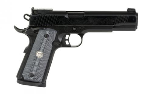 Girsan MC1911 Match Lux, Semi-automatic, 1911, Metal Frame Pistol, Full Size, 45 ACP, 5" Barrel, Steel Frame, Chrome Finish, Black with Engraved Slide and Frame, Adjustable Sights, G10 Grips, 8 Rounds, 1 magazine, Custom Carry Case Included 390098