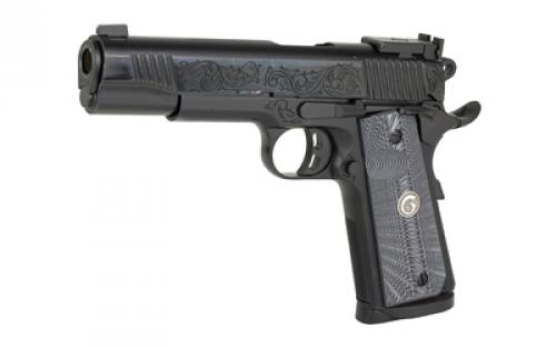 Girsan MC1911 Match Lux, Semi-automatic, 1911, Metal Frame Pistol, Full Size, 45 ACP, 5" Barrel, Steel Frame, Chrome Finish, Black with Engraved Slide and Frame, Adjustable Sights, G10 Grips, 8 Rounds, 1 magazine, Custom Carry Case Included 390098