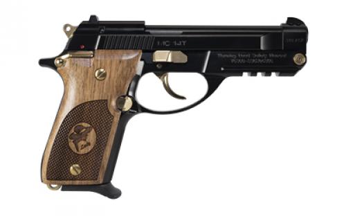 Girsan MC14T Lady Tip-Up, Semi-automatic, Double Action/Single Action, 380 ACP, 4.5" Ported Tip Up Barrel, Blued Finish, Black, Gold Controls, Ambidextrous Safety, Wood Checkered Grips, 13 Rounds, 1 Magazine 390880