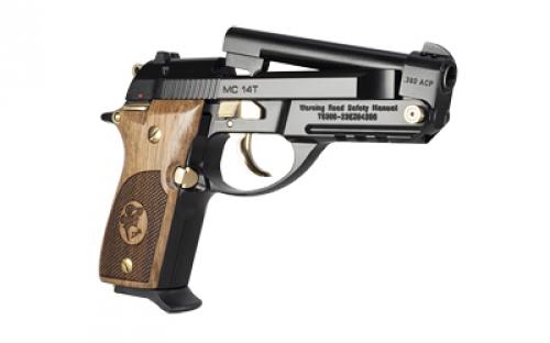 Girsan MC14T Lady Tip-Up, Semi-automatic, Double Action/Single Action, 380 ACP, 4.5" Ported Tip Up Barrel, Blued Finish, Black, Gold Controls, Ambidextrous Safety, Wood Checkered Grips, 13 Rounds, 1 Magazine 390880