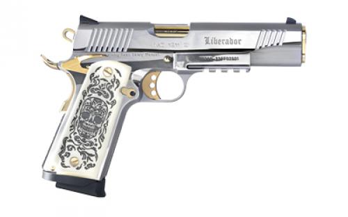 Girsan MC1911S Liberador, Semi-automatic, 1911, Metal Frame Pistol , Full Size, 9MM, 5 Barrel, Polished Stainless Finish, Silver, Gold Accents, Engraved White Ivory Grips, Extended Beavertail, Accessory Rail, Tactical Rear Sight, Fixed Front Sight, 10 Rounds, 1 Magazine 391053