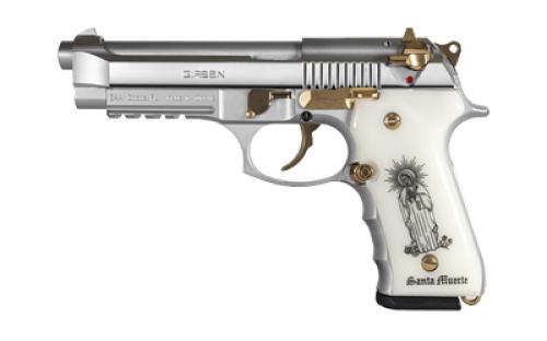 Girsan REGARD Liberador, Single Action/Double Action, Semi-automatic Pistol, Full Size, 9MM, 4.9" Barrel, Alloy Frame, Polished Steel Finish, White Engraved Ivory Grips, Gold Accents, Ambidextrous Safety, Decocker, Picatinny Rail, Fixed Sights, 18 Rounds, 1 Magazine 391088