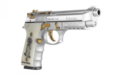 Girsan REGARD Liberador, Single Action/Double Action, Semi-automatic Pistol, Full Size, 9MM, 4.9" Barrel, Alloy Frame, Polished Steel Finish, White Engraved Ivory Grips, Gold Accents, Ambidextrous Safety, Decocker, Picatinny Rail, Fixed Sights, 18 Rounds, 1 Magazine 391088