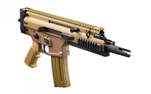 FN America Scar 15P, Semi-automatic Pistol, 556NATO, 7.5" Barrel, 3 Prong Flash hider, Anodized Finish, Flat Dark Earth, Non Reciprocating Charging Handle, Short Stroke Gas System, Polymer Grip, Vertical Rear Picatinny Rail with Sling QD Cup, Ambidextrous Safety and Magazine Release, 30 Rounds, 1 Magazine, Includes Premium Zipped Case 38-101241