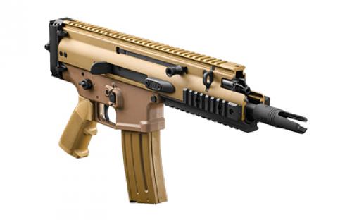 FN America Scar 15P, Semi-automatic Pistol, 556NATO, 7.5" Barrel, 3 Prong Flash hider, Anodized Finish, Flat Dark Earth, Non Reciprocating Charging Handle, Short Stroke Gas System, Polymer Grip, Vertical Rear Picatinny Rail with Sling QD Cup, Ambidextrous Safety and Magazine Release, 10 Rounds, 1 Magazine, Includes Premium Zipped Case 38-101245