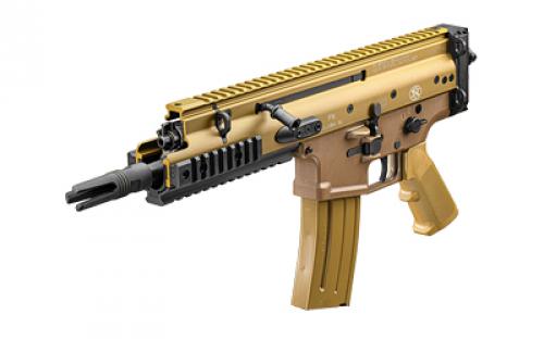 FN America Scar 15P, Semi-automatic Pistol, 556NATO, 7.5" Barrel, 3 Prong Flash hider, Anodized Finish, Flat Dark Earth, Non Reciprocating Charging Handle, Short Stroke Gas System, Polymer Grip, Vertical Rear Picatinny Rail with Sling QD Cup, Ambidextrous Safety and Magazine Release, 10 Rounds, 1 Magazine, Includes Premium Zipped Case 38-101245