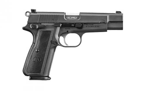 FN America High Power, Single Action, Semi-automatic, Metal Frame Pistol, Full Size, 9MM, 4.7" Target-crowned Hammer Forged Barrel, PVD Finish, Black, 2 Polymer Grip Pairs, Driftable Dovetail Sights, Ambidextrous Safety, 17 Rounds, 2 Magazines, Includes Zippered Ballistic Range Bag 66-100256