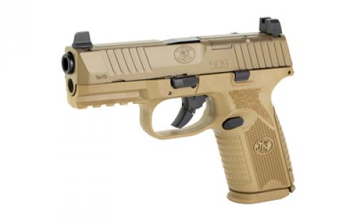 FN America FN 509 Midsize MRD, Semi-automatic, Striker Fired, Mid-Size, 9MM, 4" Barrel, Polymer Frame, Flat Dark Earth Finish, 2-15Rd, Ambidextrous Controls, Non-Manual Safety, Optics Ready 66-100741