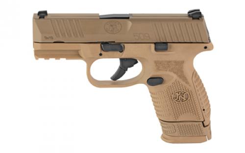 FN America FN 509, Semi-automatic, Striker Fired, Compact, 9MM, 3.7" Barrel, Polymer Frame, FDE, 1-12Rd, 1-15Rd, Non-Manual Safety, Interchangeable Backstraps FN Soft Case, Rail, Front Serrations, Loaded Chamber Indicator 66-100818