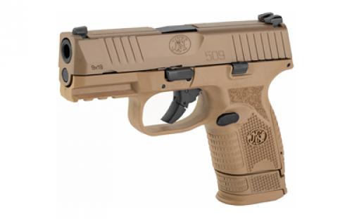 FN America FN 509, Semi-automatic, Striker Fired, Compact, 9MM, 3.7" Barrel, Polymer Frame, FDE, 1-12Rd, 1-15Rd, Non-Manual Safety, Interchangeable Backstraps FN Soft Case, Rail, Front Serrations, Loaded Chamber Indicator 66-100818