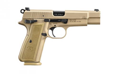 FN America High Power, Single Action, Semi-automatic, Metal Frame Pistol, Full Size, 9MM, 4.7" Target-crowned Hammer Forged Barrel, PVD Finish, Flat Dark Earth, 2 Polymer Grip Pairs, Driftable Dovetail Sights, Ambidextrous Safety, 17 Rounds 2 Magazines, Includes Zippered Ballistic Range Bag 66-101069