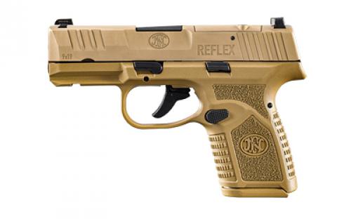 FN America Reflex MRD, Semi-automatic Pistol, Polymer Frame, Internal Hammer Fired, Single Action Only, Micro Compact, 9MM, 3.3 Cold Hammer Forged Barrel, PVD Finish, Flat Dark Earth, Optics Ready, Non-Manual Safety, Tritium Front Sight, 2 Dot Rear Sight, 2 Magazines, 10 Rounds 66-101415