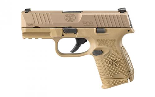 FN America FN 509, Semi-automatic, Striker Fired, Compact, 9MM, 3.7" Barrel, Polymer Frame, Flat Dark Earth, 1-12Rd, 1-15Rd, 3-24Rd Magazines, No Manual Safety, Interchangeable Backstraps, FN Soft Case, Rail, Front Serrations, Loaded Chamber Indicator 66-101643