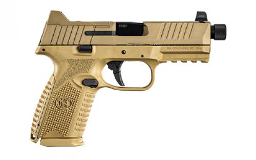 FN America FN509M Tactical, Semi-automatic, Striker Fired, Polymer Frame Pistol, Mid-Size, 9MM, 4.5" Barrel, Threaded 1/2x28", PVD Finish, Flat Dark Earth, Optic Ready, Flat Faced Trigger, Suppressor Height 3 Dot Night Sights, Non-Manual Safety, 10 Rounds, 5 Magazines, Includes Ballistic Case and (2) Backstraps 66-101710