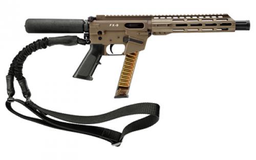 Freedom Ordnance FX9, Semi-automatic, Pistol, 9MM, 10 Barrel, Aluminum Frame, Matte Finish, Flat Dark Earth, Plastic Grip, Manual Safety, Pistol Buffer Tube, M-LOK Free Float Handguard, Uses Glock Style Magazines, 32 Rounds, 1 Magazine, Includes QD Single Point Bungee Sling, Product Finishes, Shade Variations and Other Imperfections Are Normal Due to the Manufacturing Process FX9