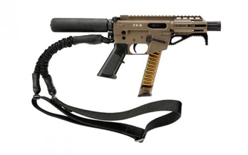 Freedom Ordnance FX9, Semi-automatic, 9MM, 4 Barrel, Aluminum Frame, Matte Finish, Flat Dark Earth, Plastic Grip, Manual Safety, Pistol Buffer Tube, M-LOK Free Float Handguard, Uses Glock Style Magazines, 32 Rounds, 1 Magazine, Includes QD Single Point Bungee Sling Product Finishes, Shade Variations and Other Imperfections Are Normal Due to the Manufacturing Process FX9P4T-FDE