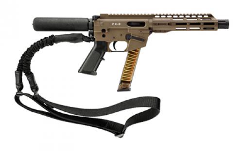 Freedom Ordnance FX9, Semi-automatic, Pistol, 9MM, 8 Barrel, Aluminum Frame, Matte Finish, Flat Dark Earth, Plastic Grip, Manual Safety, Pistol Buffer Tube, M-LOK Free Float Handguard, Uses Glock Style Magazines, 32 Rounds, 1 Magazine, Includes QD Single Point Bungee Sling, Product Finishes, Shade Variations and Other Imperfections Are Normal Due to the Manufacturing Process FX9P