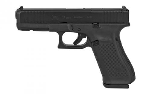 Glock 17 Gen5 MOS, Striker Fired, Semi-automatic, Polymer Frame Pistol, Full Size, 9MM, 4.49 Barrel, nDLC Finish, Black, Fixed Sights, 17 Rounds, 2 Magazines, Right Hand G17517MOSAUT