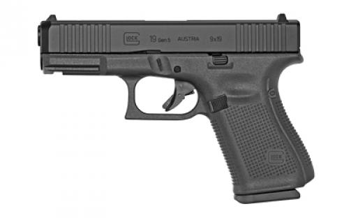 Glock 19 Gen5, Striker Fired, Semi-automatic, Polymer Frame Pistol, Compact, 9MM, 4.02 Barrel, nDLC Finish, Black, Fixed Sights, 15 Rounds, 2 Magazines, Right Hand G19515AUT