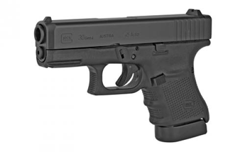 Glock 30 Gen4, Striker Fired, Semi-automatic, Polymer Frame Pistol, Sub-Compact, 45 ACP, 3.78" Barrel, Matte Finish, Black, Fixed Sights, 10 Rounds, 2 Magazines, Right Hand G304AUT