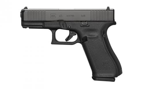 Glock 45, Semi-automatic, Striker Fired, Polymer Framed Pistol, Compact, 9MM, 4.02 Barrel, DLC Finish, Black, Interchangeable, Fixed Sights, 17 Rounds, 2 Magazines G4517US