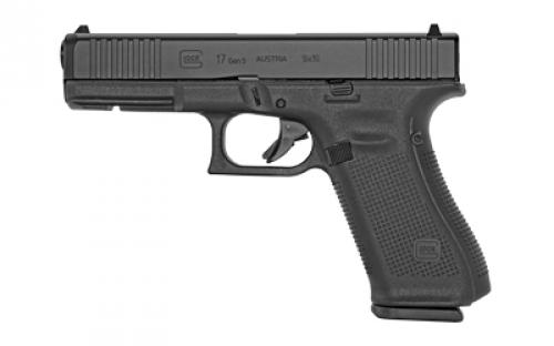 Glock 17 Gen5, Striker Fired, Full Size, 9MM, 4.49 Marksman Barrel, Polymer Frame, Matte Finish, Fixed Sights, 10Rd, 3 Magazines, Ambidextrous Slide Stop Lever, Flared Mag Well, nDLC Finished Slide and Barrel, No Finger Grooves, Front Serrations PA175S201